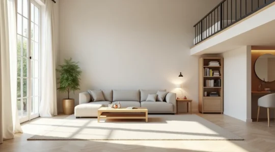 Intérieur parisien optimisé avec circulation fluide, mobilier multifonctions et sources de lumière naturelle maximisées.