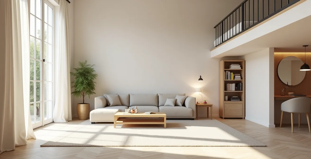 Intérieur parisien optimisé avec circulation fluide, mobilier multifonctions et sources de lumière naturelle maximisées.