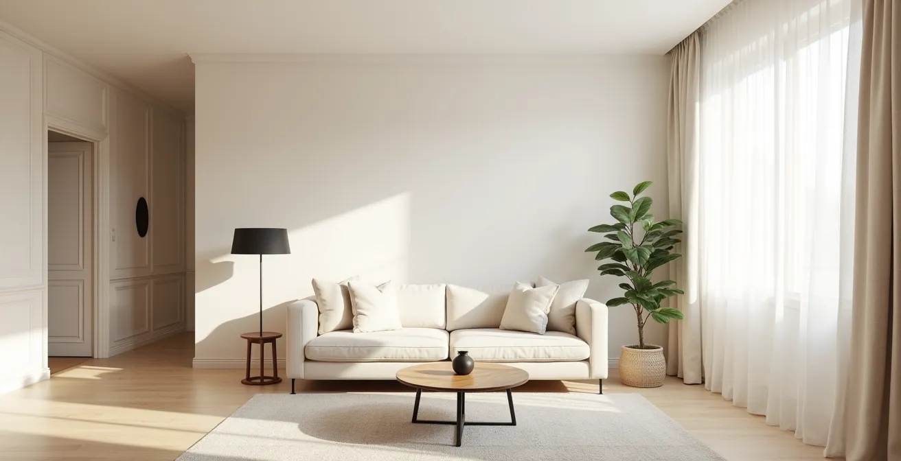 Un petit appartement parisien de 20m² entièrement peint en camaïeu de blancs et beiges clairs (craie, écru, lin), montrant comment l'unité chromatique agrandit visuellement l'espace tout en créant une élégance lumineuse