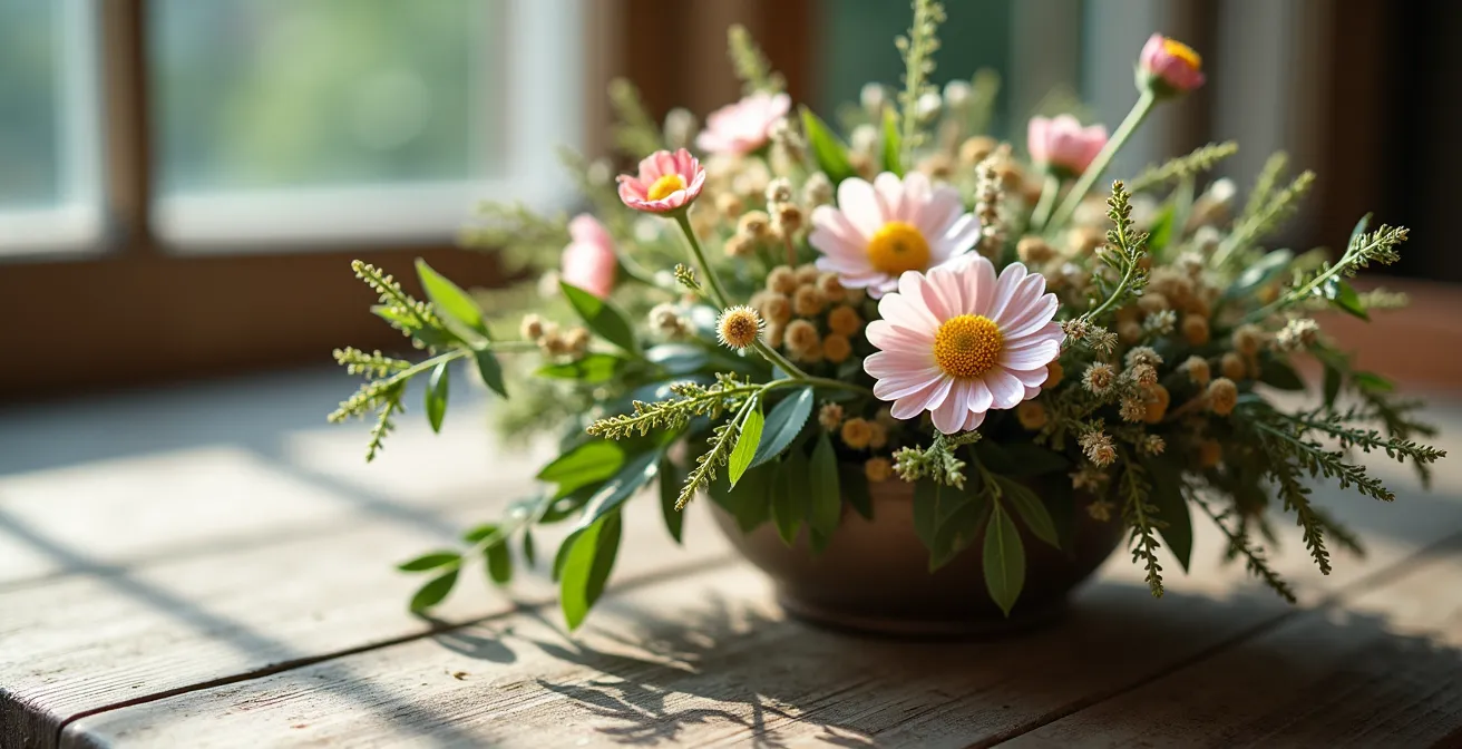Gros plan sur un centre de table composé de fleurs de saison françaises : pivoines roses pâle du printemps, eucalyptus gris argenté, graminées délicates, sur un support naturel en linéaire horizontal.