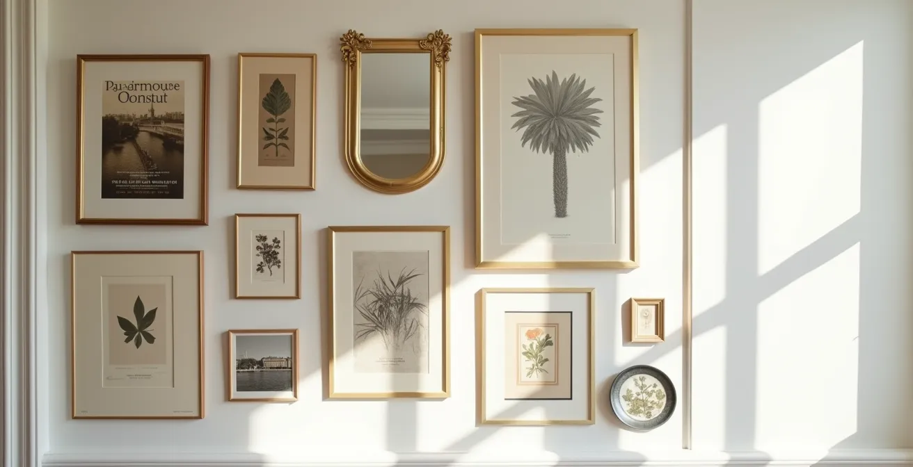 Composition murale harmonieuse mêlant photos de famille, affiches de musées français, gravures vintage et petits souvenirs personnels encadrés