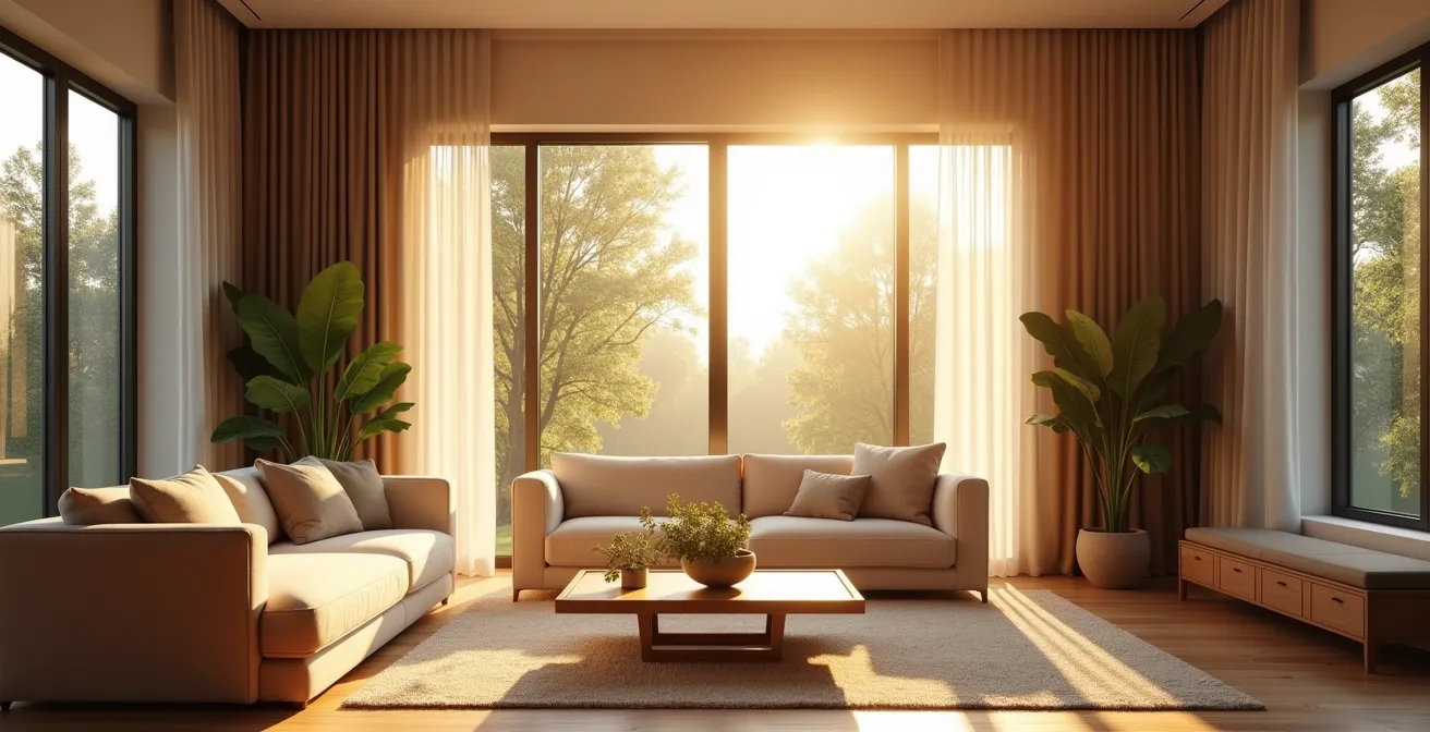 Intérieur harmonieux avec canapé ergonomique, rideaux isolants, plantes vertes et lumière naturelle douce