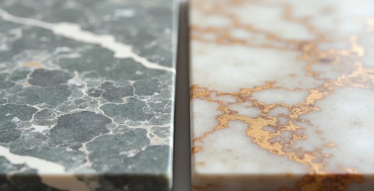 Détail macro de deux surfaces : placage stratifié d'imitation marbre versus véritable marbre avec patine naturelle.