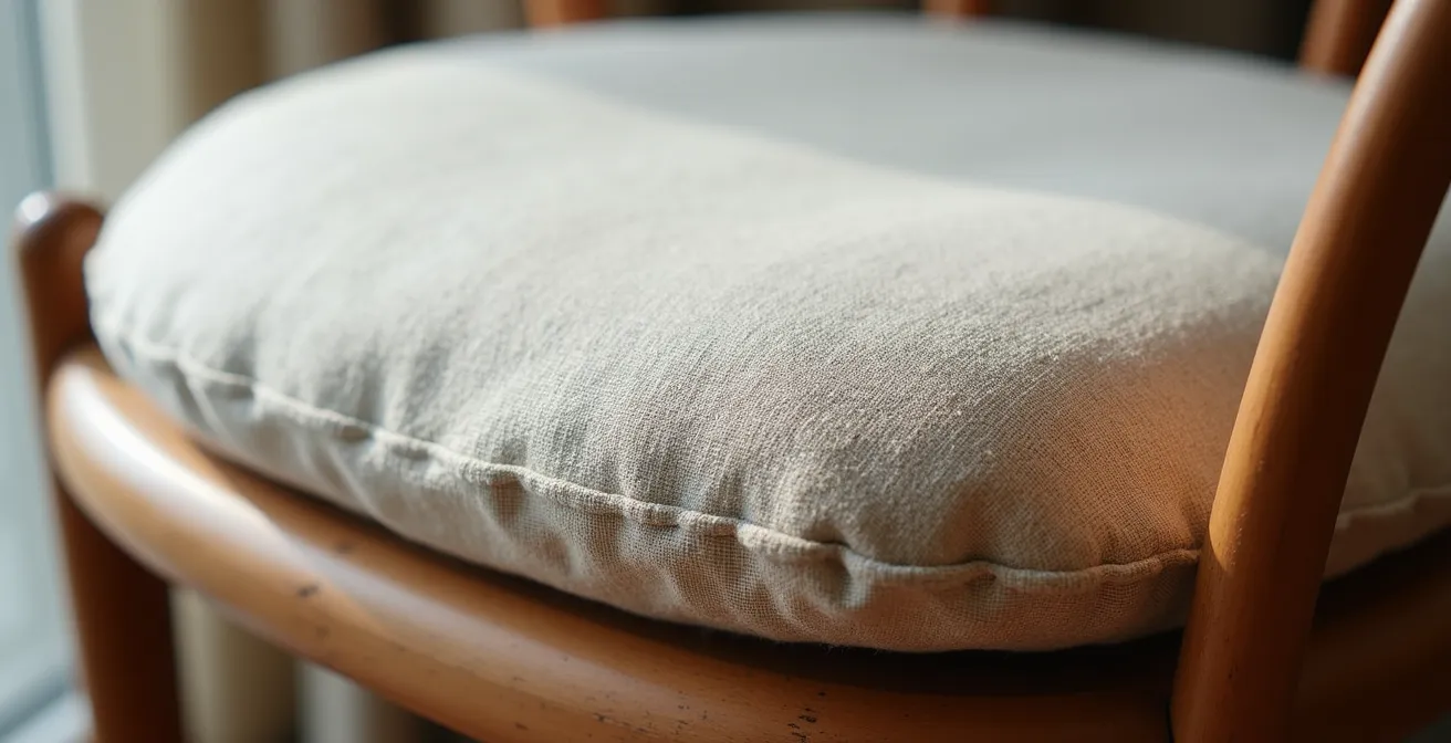 Vue rapprochée d'une galette de chaise bistrot sur une chaise vintage, montrant la texture du lin naturel, les coutures délicates, reflets lumineux sur le tissu.