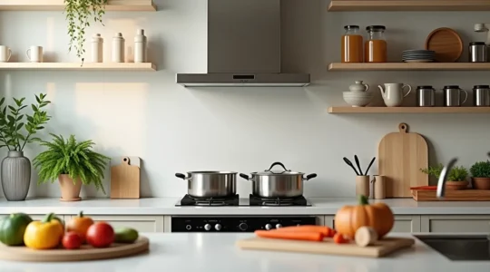 Cuisine moderne bien organisée avec zones de travail distinctes, plan de travail à bonne hauteur et éclairage optimal