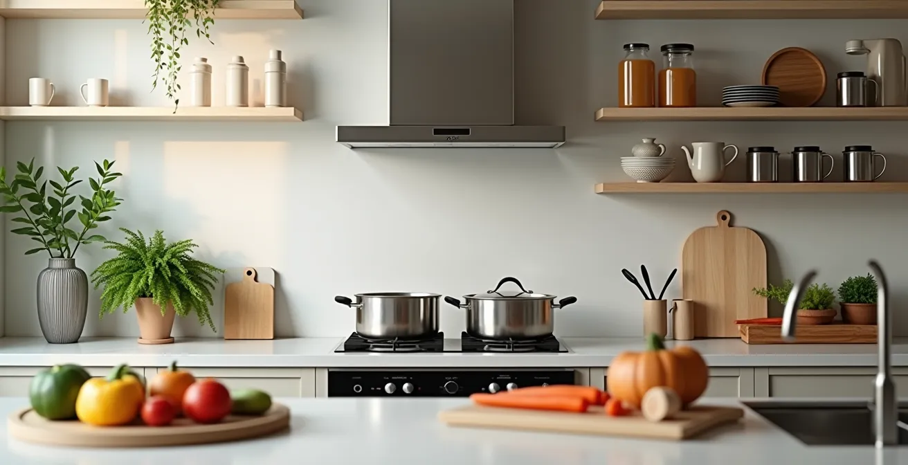 Cuisine moderne bien organisée avec zones de travail distinctes, plan de travail à bonne hauteur et éclairage optimal