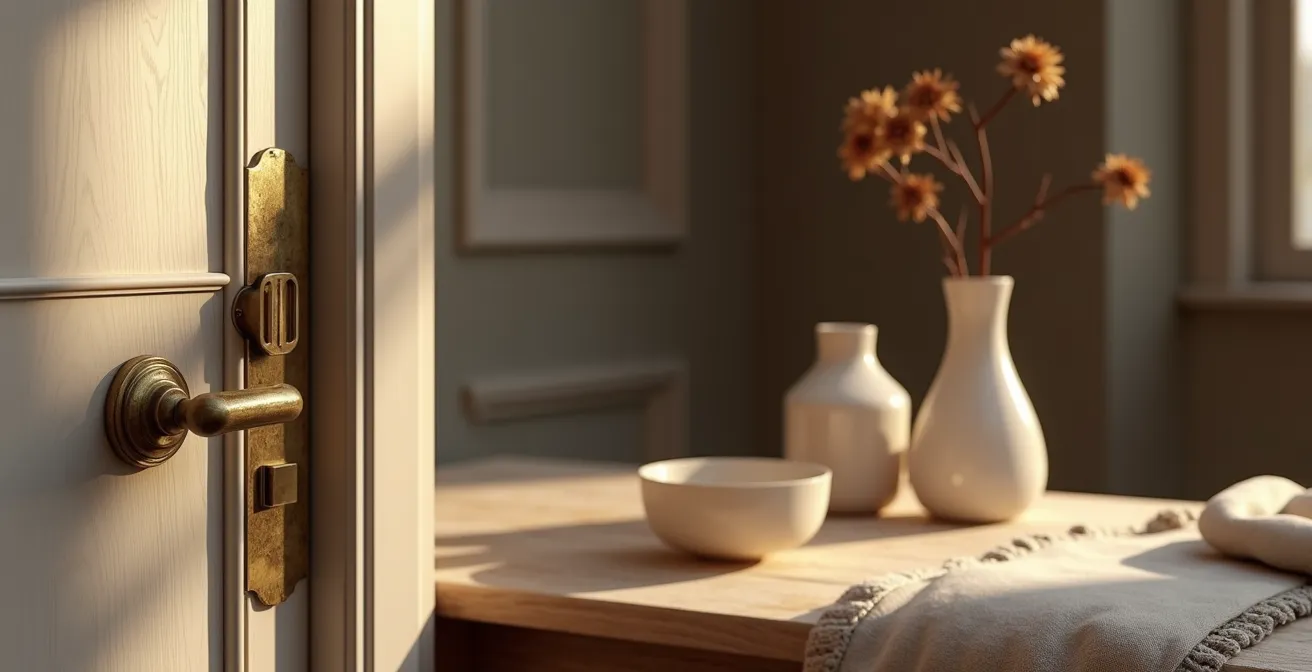 Composition d'objets du quotidien français mettant en avant les textures et le confort sensoriel dans un intérieur élégant