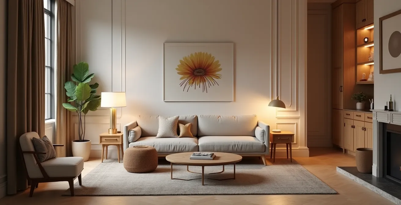 Composition d'intérieur français montrant meuble Régence dialoguant visuellement avec objet design contemporain via le laiton.