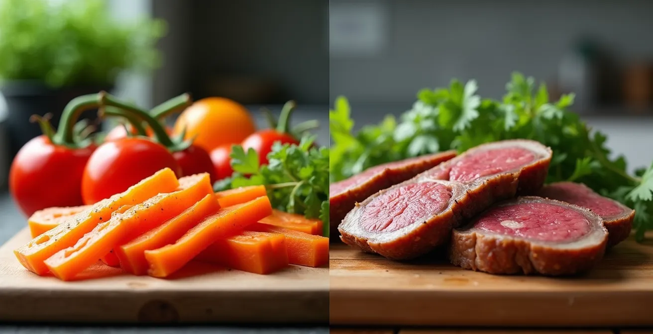 Même zone de cuisine éclairée à 3000K chaleureux et 4000K neutre, montrant la différence dans perception des couleurs alimentaires