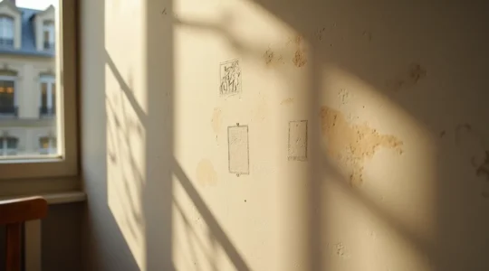 Un mur blanc lumineux d'un appartement haussmannien avec texture apparente, révélant les traces historiques et le caractère architectural de la pièce.