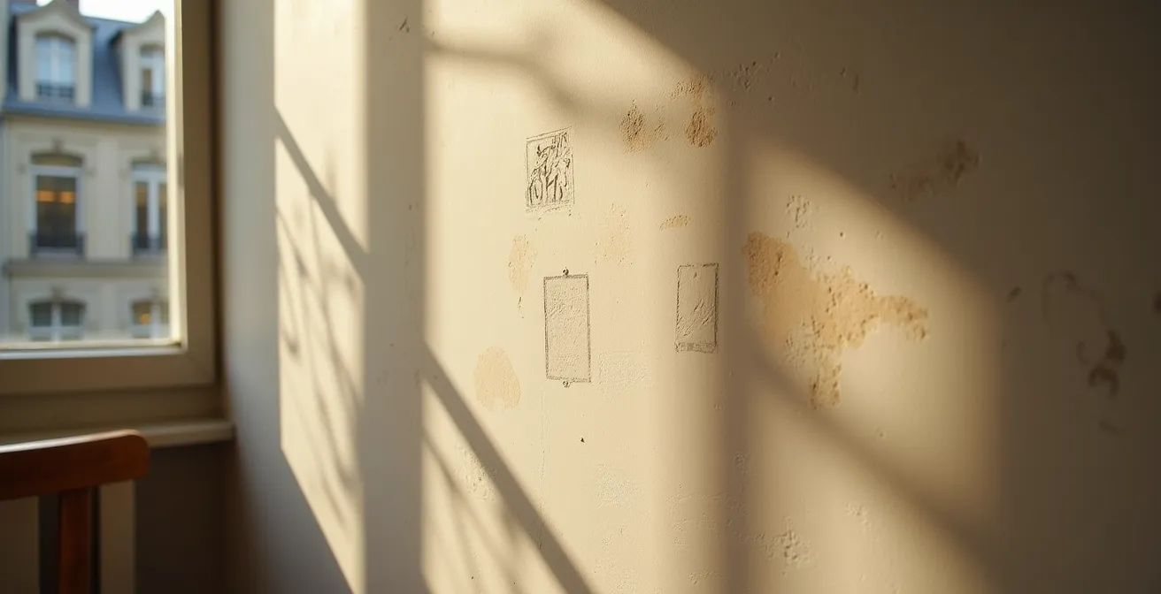 Un mur blanc lumineux d'un appartement haussmannien avec texture apparente, révélant les traces historiques et le caractère architectural de la pièce.