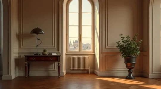 Intérieur élégant français mixant mobilier ancien et design contemporain avec éclairage raffiné et matériaux nobles.