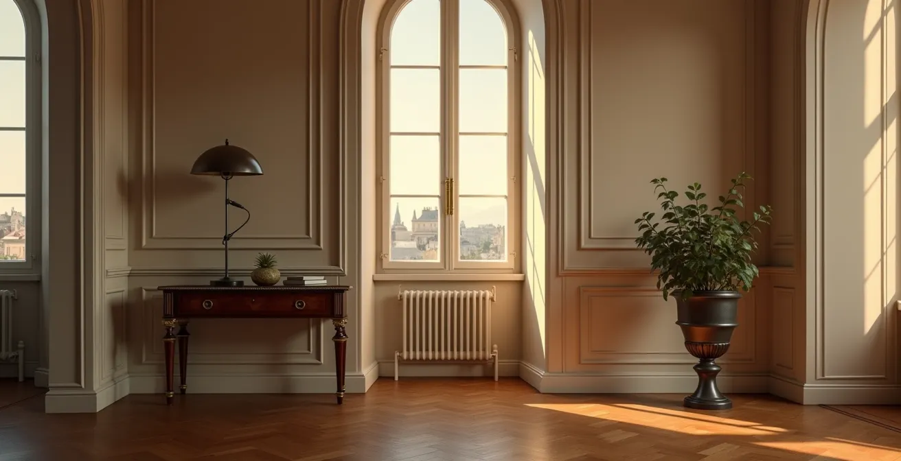 Intérieur élégant français mixant mobilier ancien et design contemporain avec éclairage raffiné et matériaux nobles.