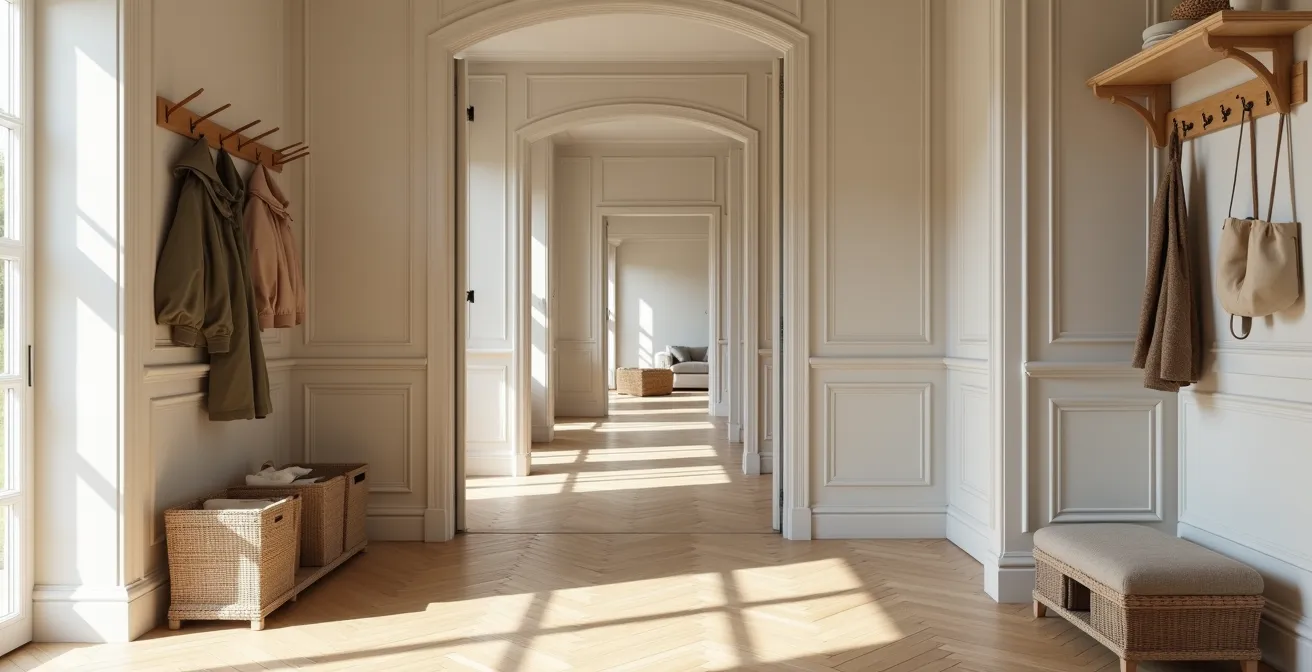 Une entrée de maison accueillante et organisée avec des solutions de rangement élégantes