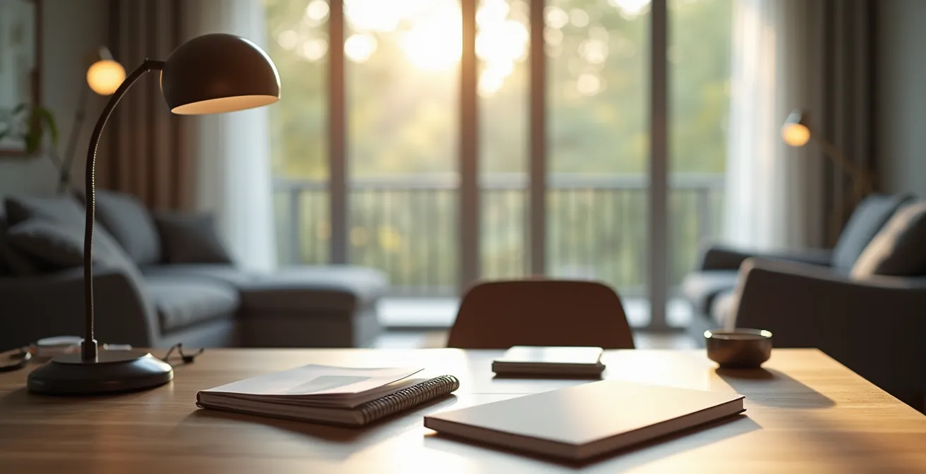 Un coin bureau délimité dans un salon avec une verrière d'atelier amovible