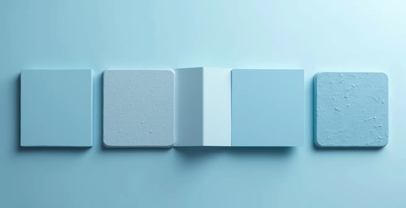 Comparaison visuelle d'une même couleur de peinture (bleu pastel) déclinée en quatre finitions différentes : mat poudré, satiné, velours et laqué, montrant l'impact dramatique de la finition sur la perception et l'ambiance