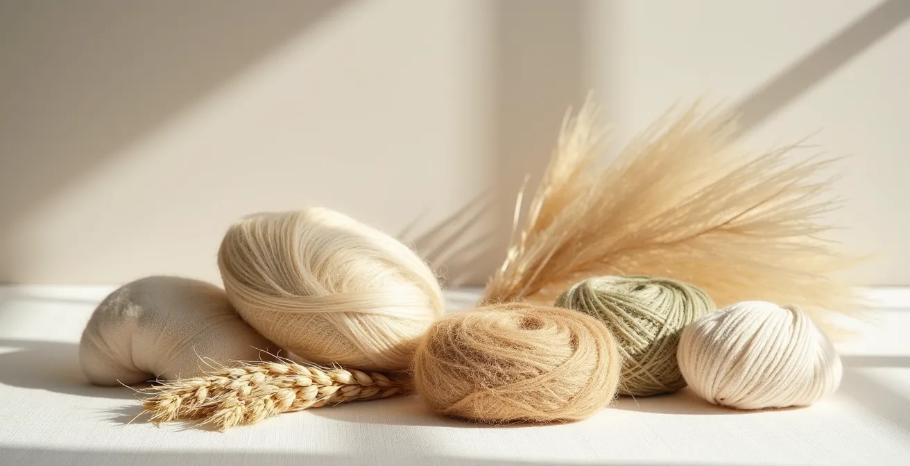 Vue de détails macro de fibres naturelles (lin, chanvre, ortie) en gros plan montrant structure cristalline et texture naturelle