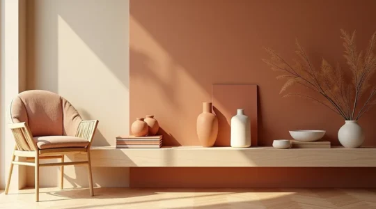 Un intérieur harmonieux mêlant camaïeu de couleurs apaisantes et textures naturelles inspirées des terroirs français, illustrant la psychologie des couleurs appliquée à la décoration