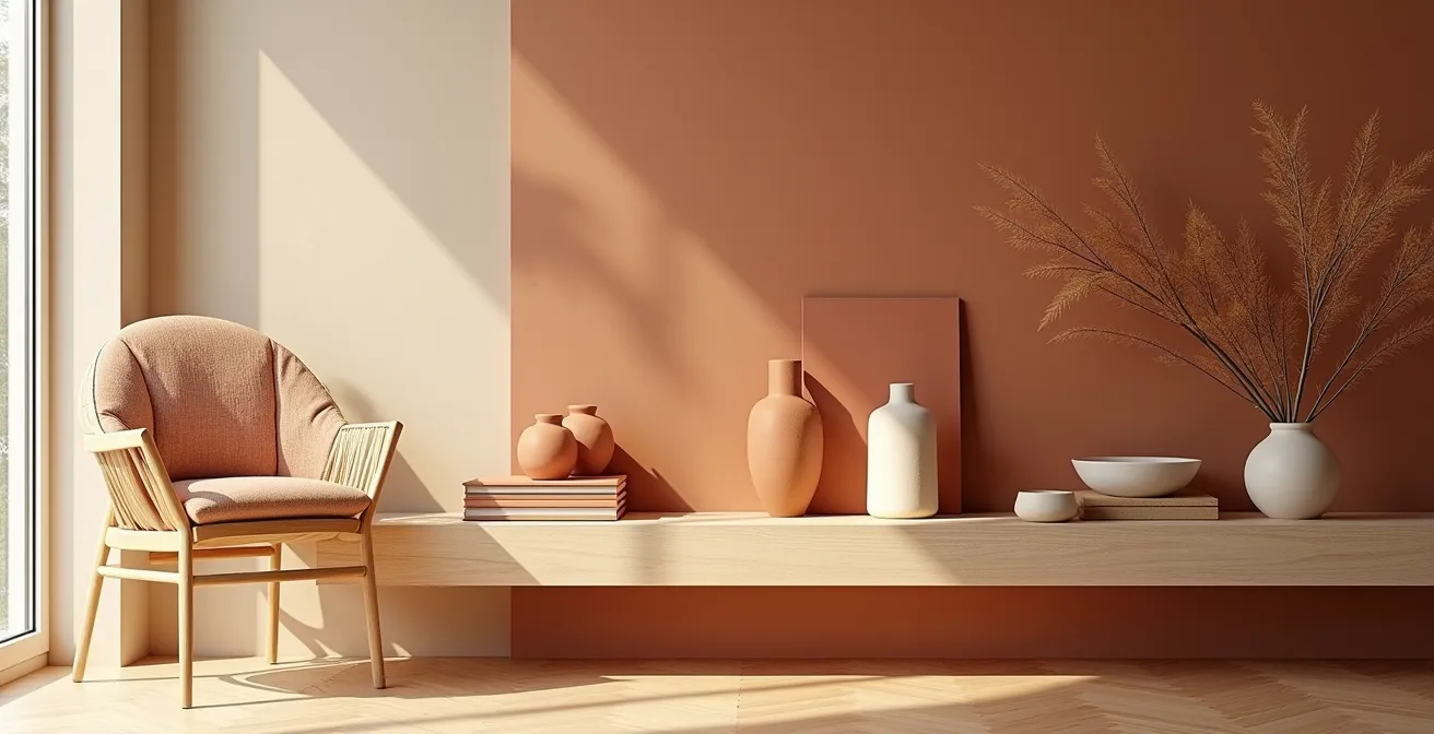 Un intérieur harmonieux mêlant camaïeu de couleurs apaisantes et textures naturelles inspirées des terroirs français, illustrant la psychologie des couleurs appliquée à la décoration