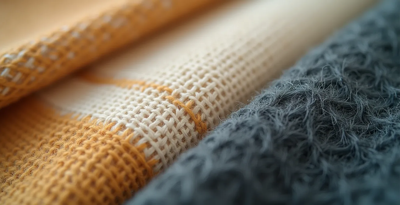 Composition tactile montrant la hiérarchie des textures textiles françaises avec lin naturel, laine des Pyrénées et velours de Lyon