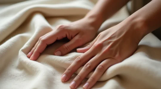 Les mains explorant délicatement différentes textures de tissus pour évaluer leur qualité et leur composition