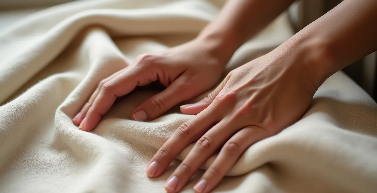 Les mains explorant délicatement différentes textures de tissus pour évaluer leur qualité et leur composition