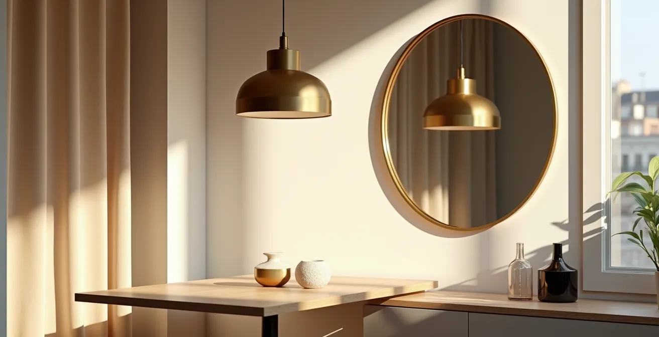 Composition minimaliste montrant une suspension géométrique au-dessus d'une table, avec miroirs réfléchissant la lumière naturelle.