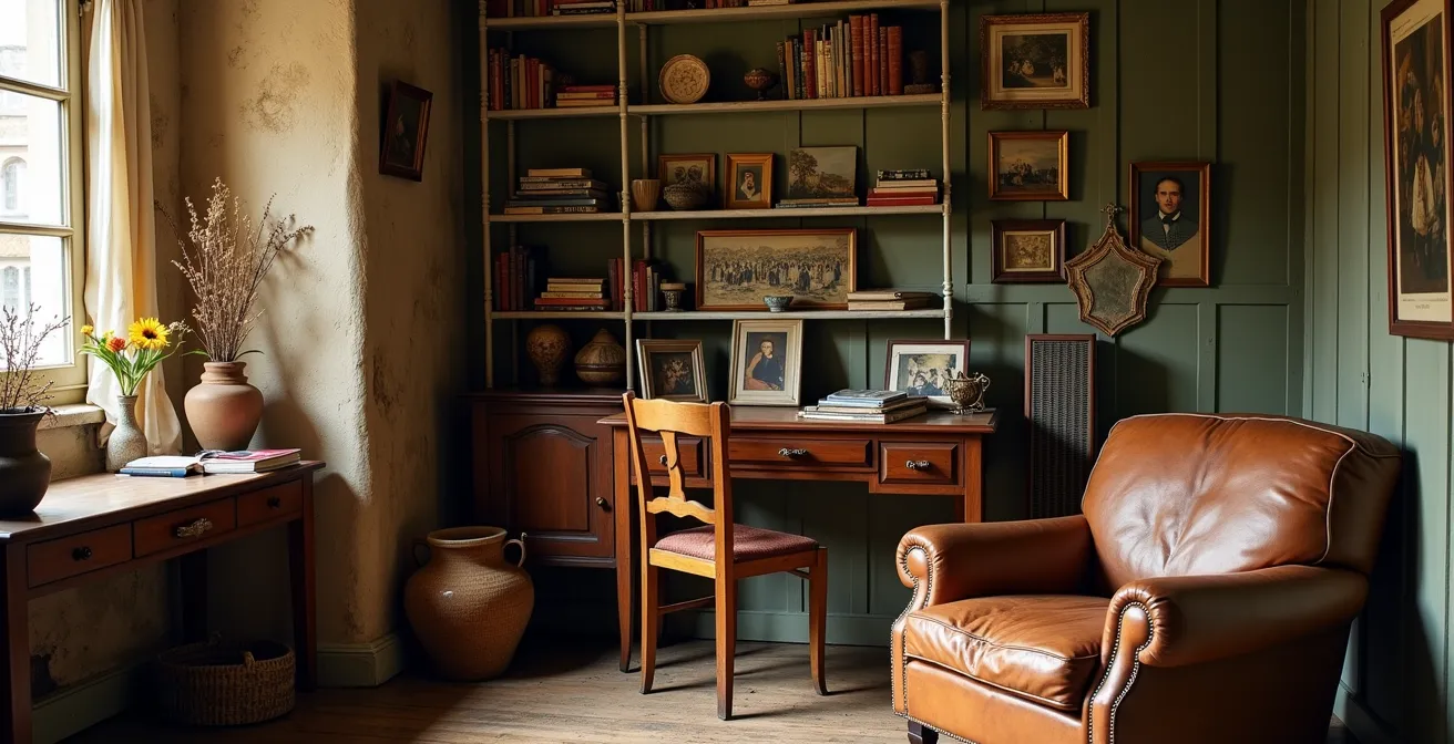 Intérieur français chaleureux montrant des objets personnels mélangés à une décoration soignée, racontant l'histoire unique de ses habitants