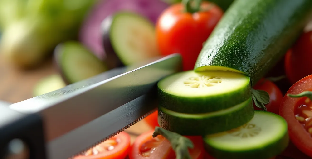 Détail macro de lames de mandoline tranchant finement des légumes provençaux avec précision chirurgicale, surface en acier inoxydable brillant.