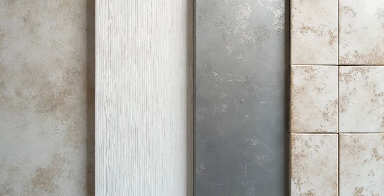 Gros plan textural de différentes surfaces de matériaux : béton ciré lisse, bois blanchi, métal poli et carrelage minimaliste