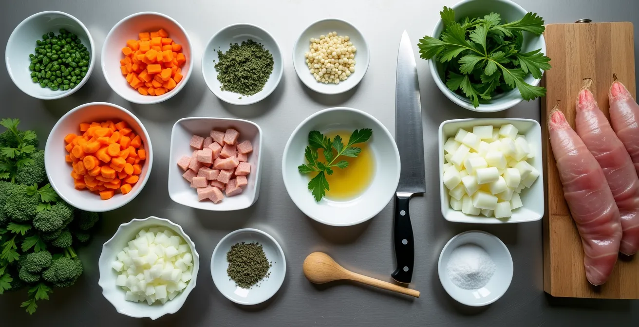 Mise en place organisée à la française : ingrédients préparés, outils à portée de main, bacs gastro empilables et surfaces de travail structurées