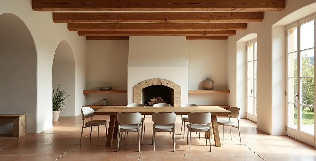 Intérieur de ferme française rénové mêlant matériaux anciens et mobilier contemporain