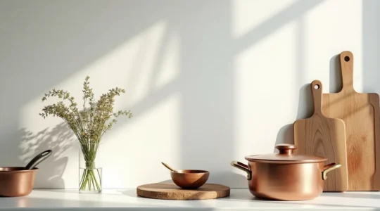 Cuisine minimaliste française avec ustensiles essentiels disposés avec soin, murs clairs, lumière naturelle, éléments de terroir local