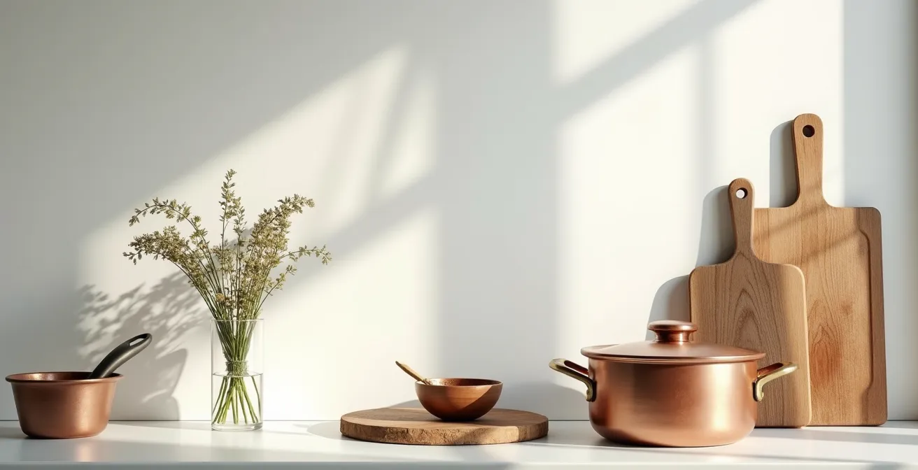 Cuisine minimaliste française avec ustensiles essentiels disposés avec soin, murs clairs, lumière naturelle, éléments de terroir local