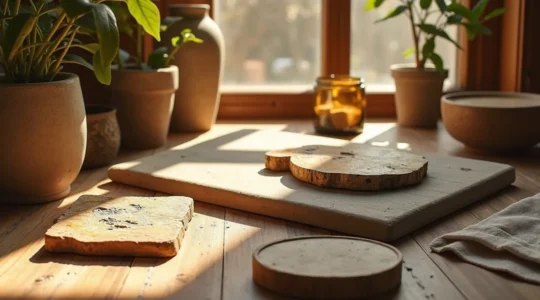 Matériaux durables qui embellissent en vieillissant : bois patiné, pierre naturelle, métaux oxydés dans une composition élégante.