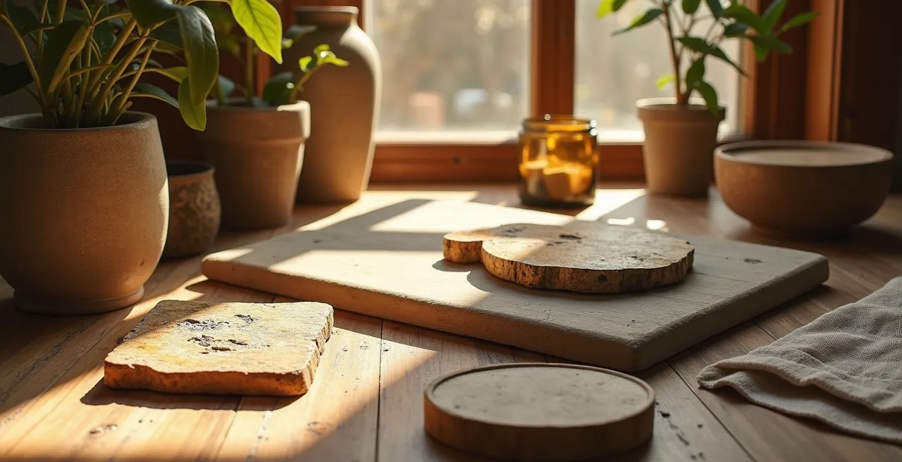 Matériaux durables qui embellissent en vieillissant : bois patiné, pierre naturelle, métaux oxydés dans une composition élégante.