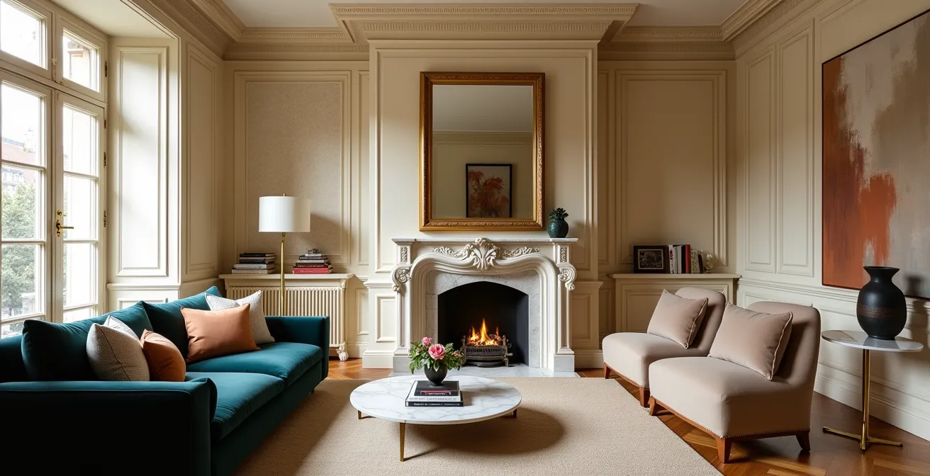 Salon haussmannien contemporain aux moulures restaurées, murs velours profond, éléments art-déco