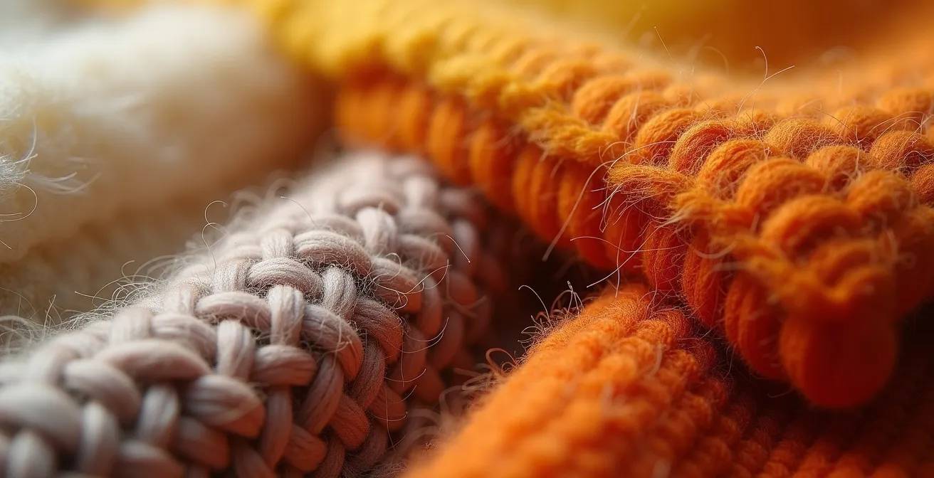 Détail macro de plaids superposés en laine mérinos, lin et alpaga avec textures visibles et variations de teintes naturelles