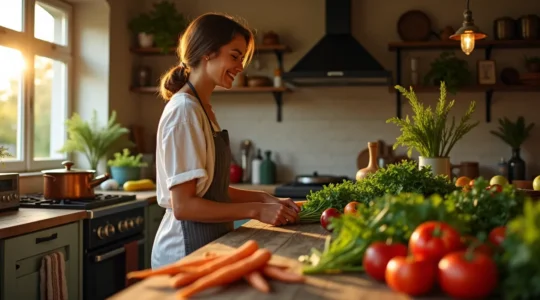 Une cuisine française accueillante du dimanche soir avec des ingrédients frais et une ambiance chaleureuse de préparation de repas en famille