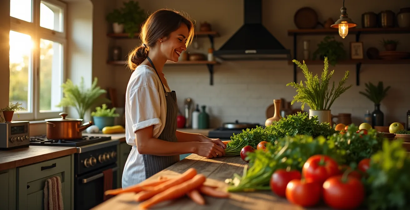 Une cuisine française accueillante du dimanche soir avec des ingrédients frais et une ambiance chaleureuse de préparation de repas en famille