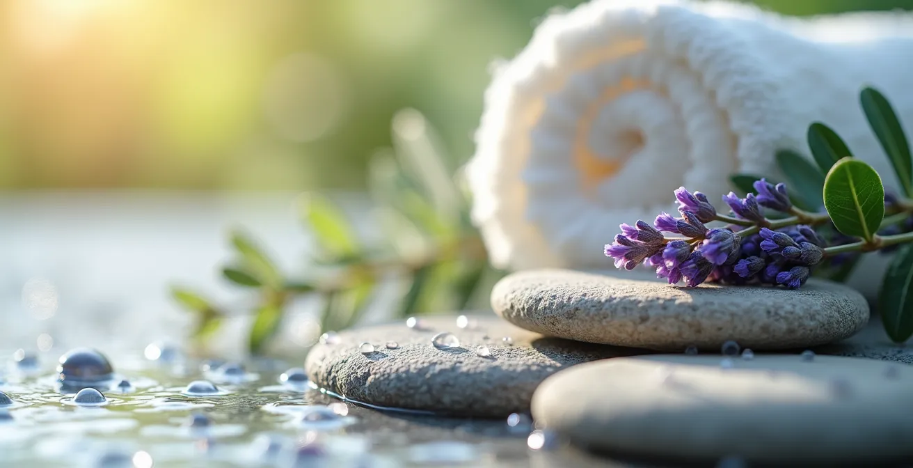 Ambiance spa dans une petite salle de bain avec produits de soins naturels français