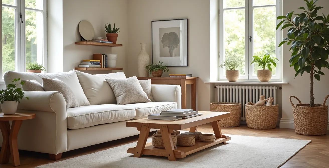 Un salon familial organisé avec des paniers de rangement design et accessibles pour enfants