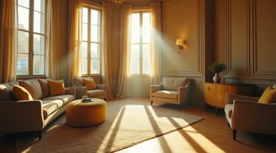Intérieur élégant français avec jeu de lumière naturelle et textures sophistiquées créant une atmosphère personnalisée