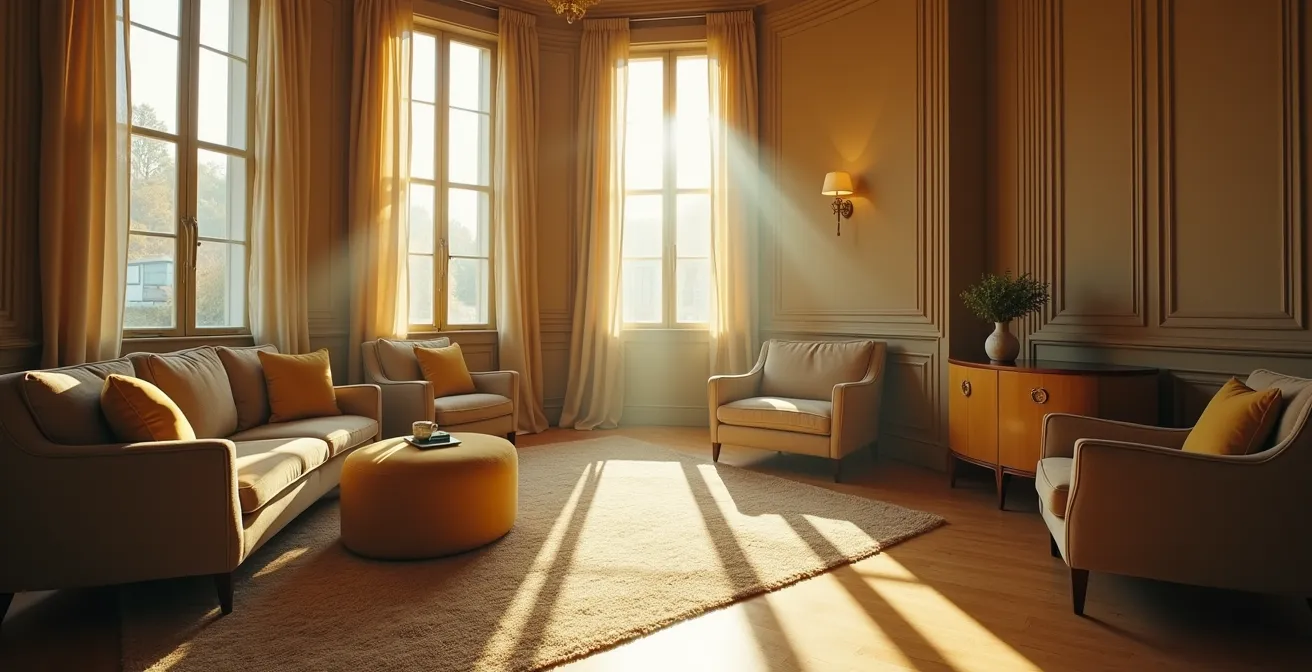 Intérieur élégant français avec jeu de lumière naturelle et textures sophistiquées créant une atmosphère personnalisée