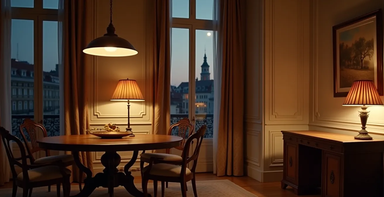 Scène d'intérieur français démontrant les trois couches d'éclairage avec suspension design, lampe fonctionnelle et éclairage d'accentuation architectural