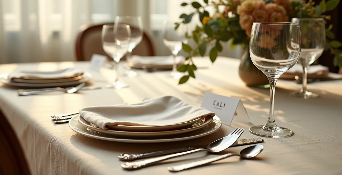Une belle table dressée avec élégance française, nappes lin, couverts vintage, centre de table floral saisonnier, harmonie de couleurs neutres et chaudes, style magazine de décoration.