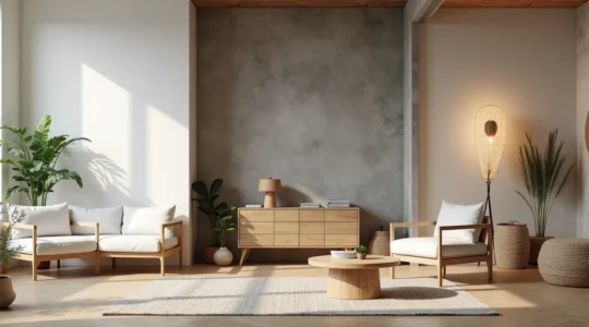 Composition de trois intérieurs contrastés montrant les styles scandinave, industriel et bohème avec leurs matériaux respectifs