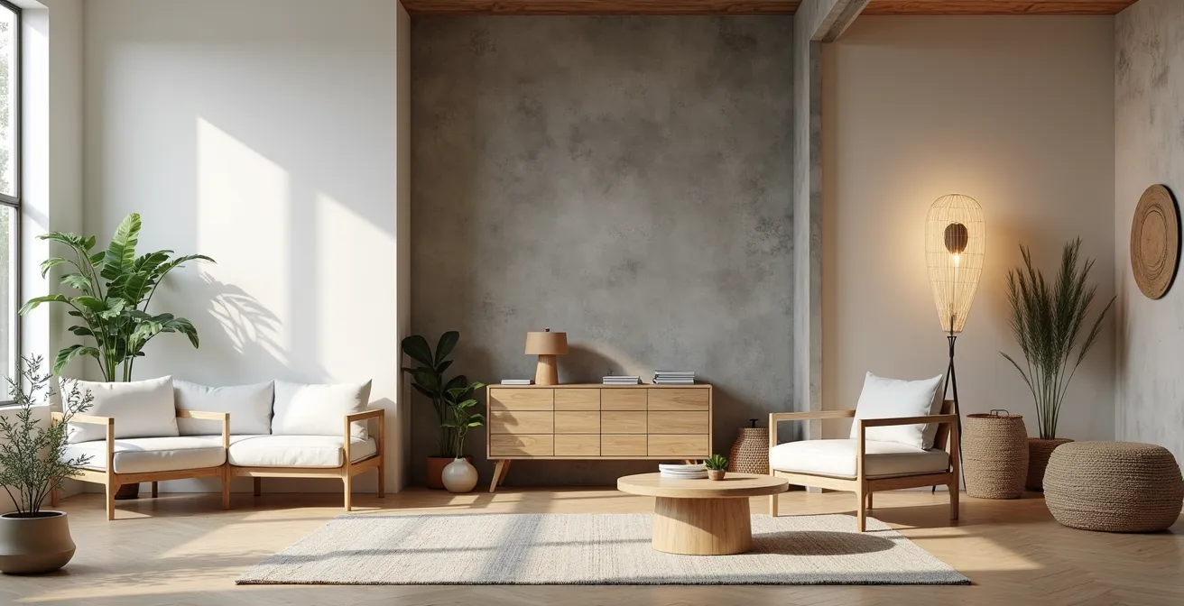 Composition de trois intérieurs contrastés montrant les styles scandinave, industriel et bohème avec leurs matériaux respectifs