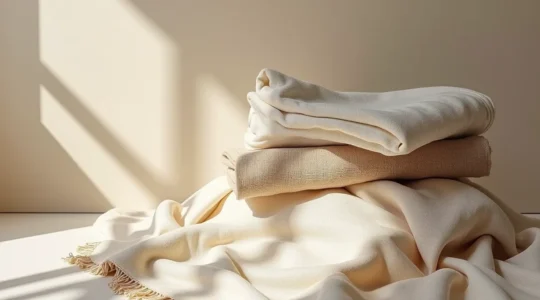 Composition sereine de textiles layerisés en tons neutres superposés pour créer un environnement intérieur chaleureux et réconfortant.