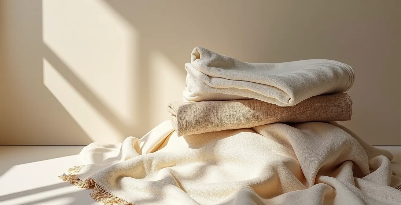 Composition sereine de textiles layerisés en tons neutres superposés pour créer un environnement intérieur chaleureux et réconfortant.